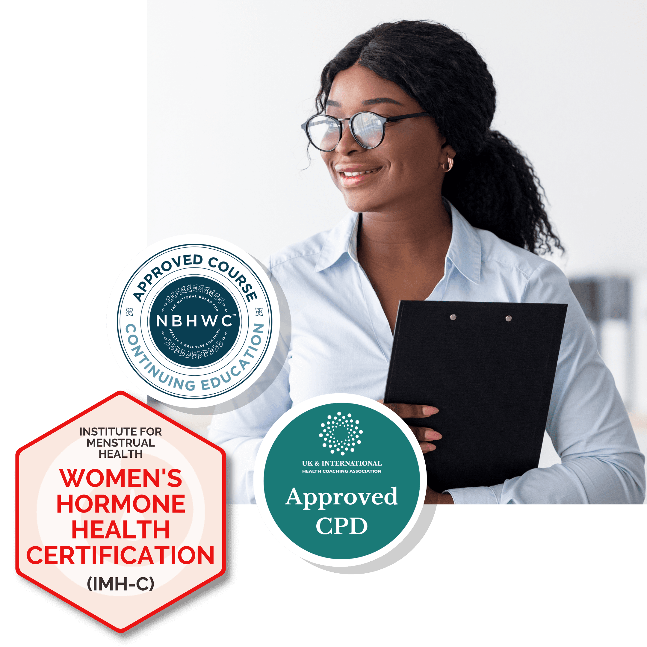 Practitioner holding the IMH-C, NBHWC, and UKIHCA accreditation badges
