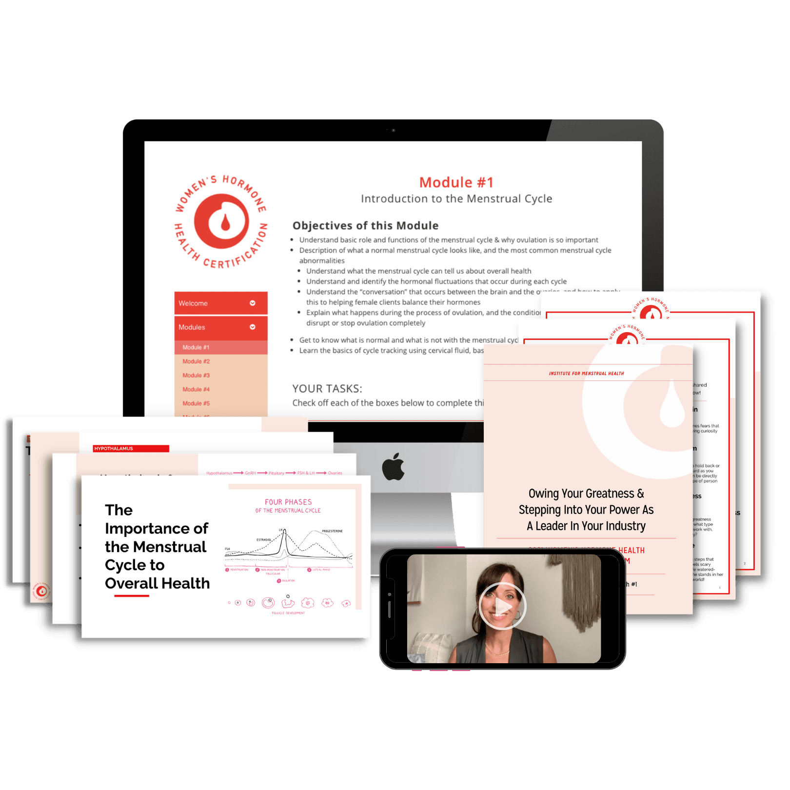 Preview of the Women's Hormone Health Certification Program — module slides, certification badge, and handouts
