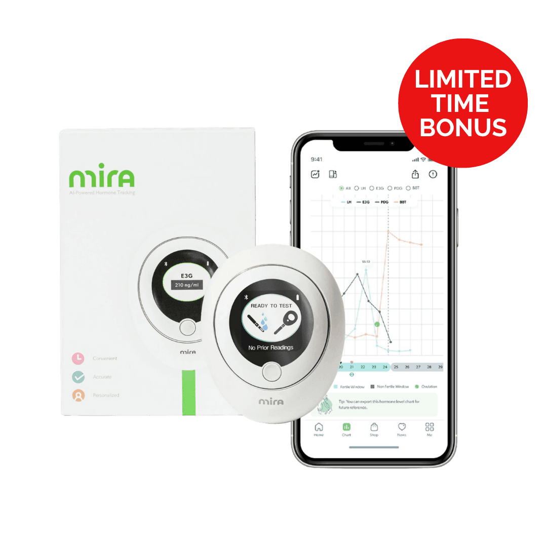 Mira Hormone Monitor device, box, and app showing a hormone tracking chart